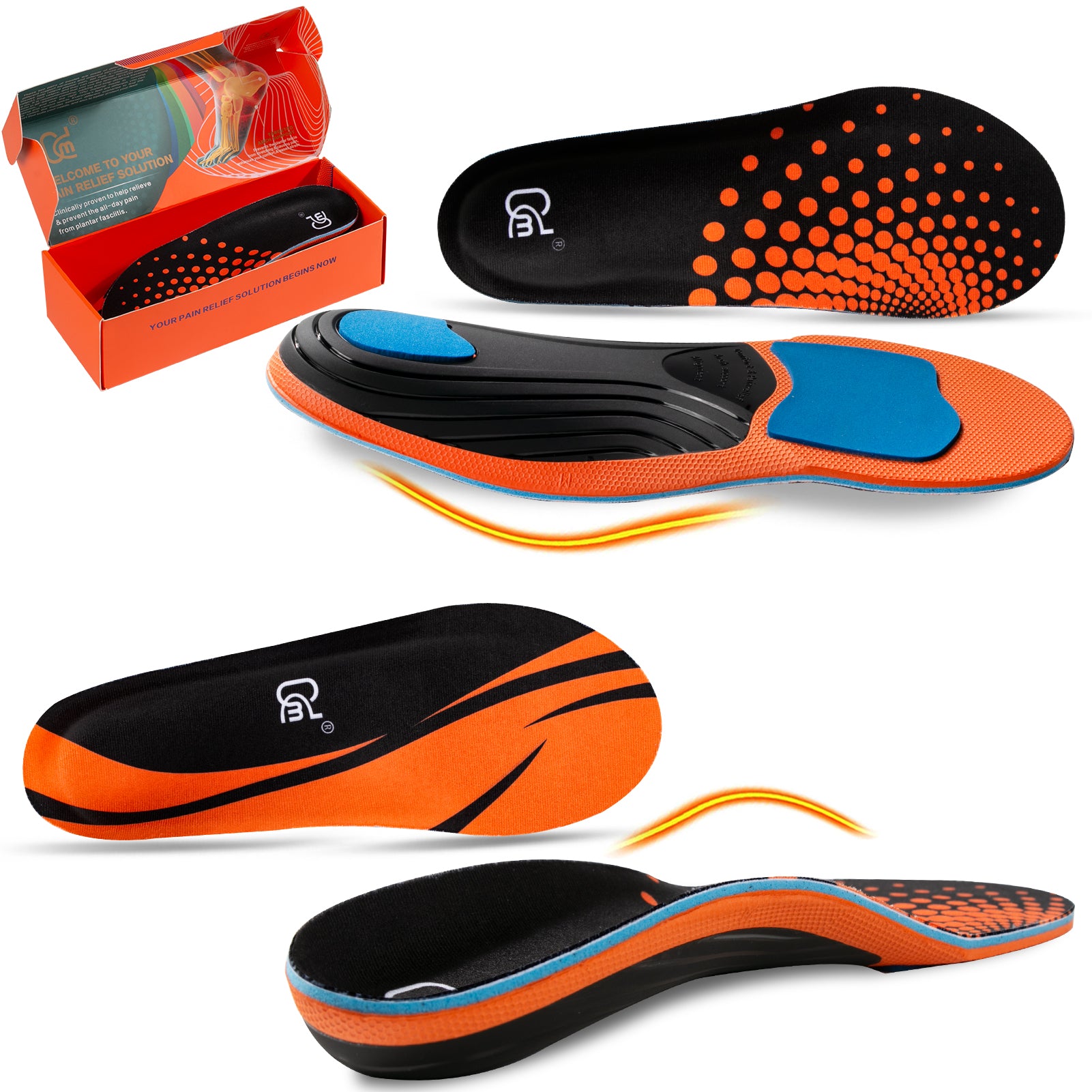 【2 Pairs】Plantar Fasciitis Insoles for Heavy Duty Support, High Arch Orthotic Inserts, 240+lbs, Orange