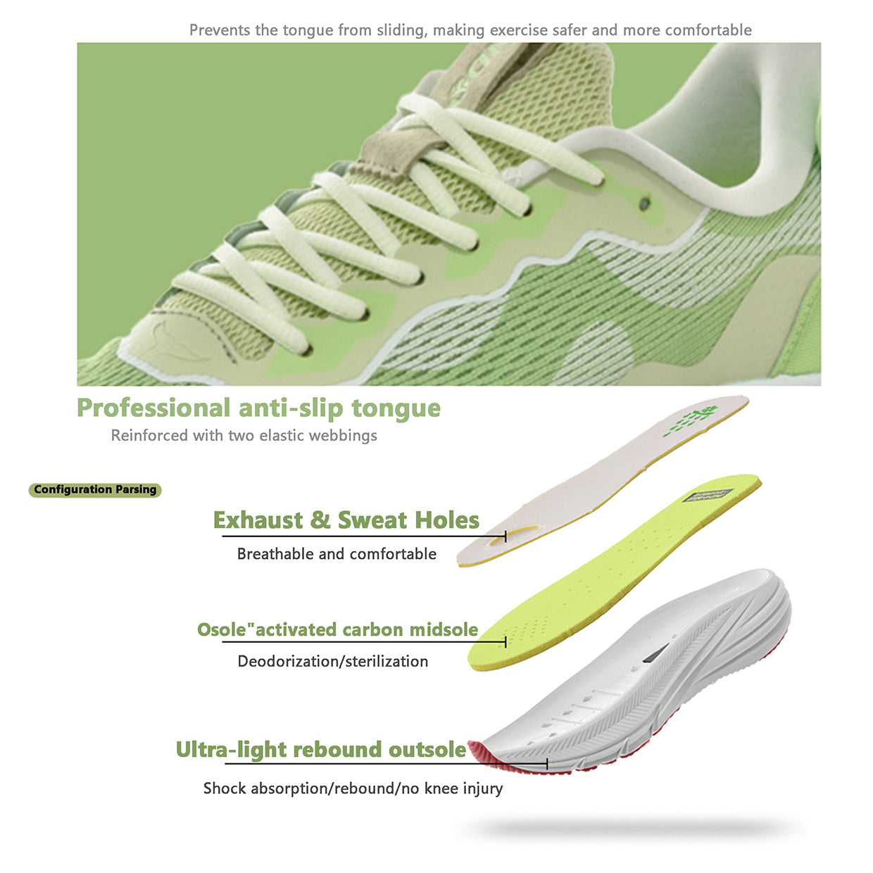 Breathable Lightweight Running Sneakers, Men & Women's Shock Absorbing Athletic Shoe, Green