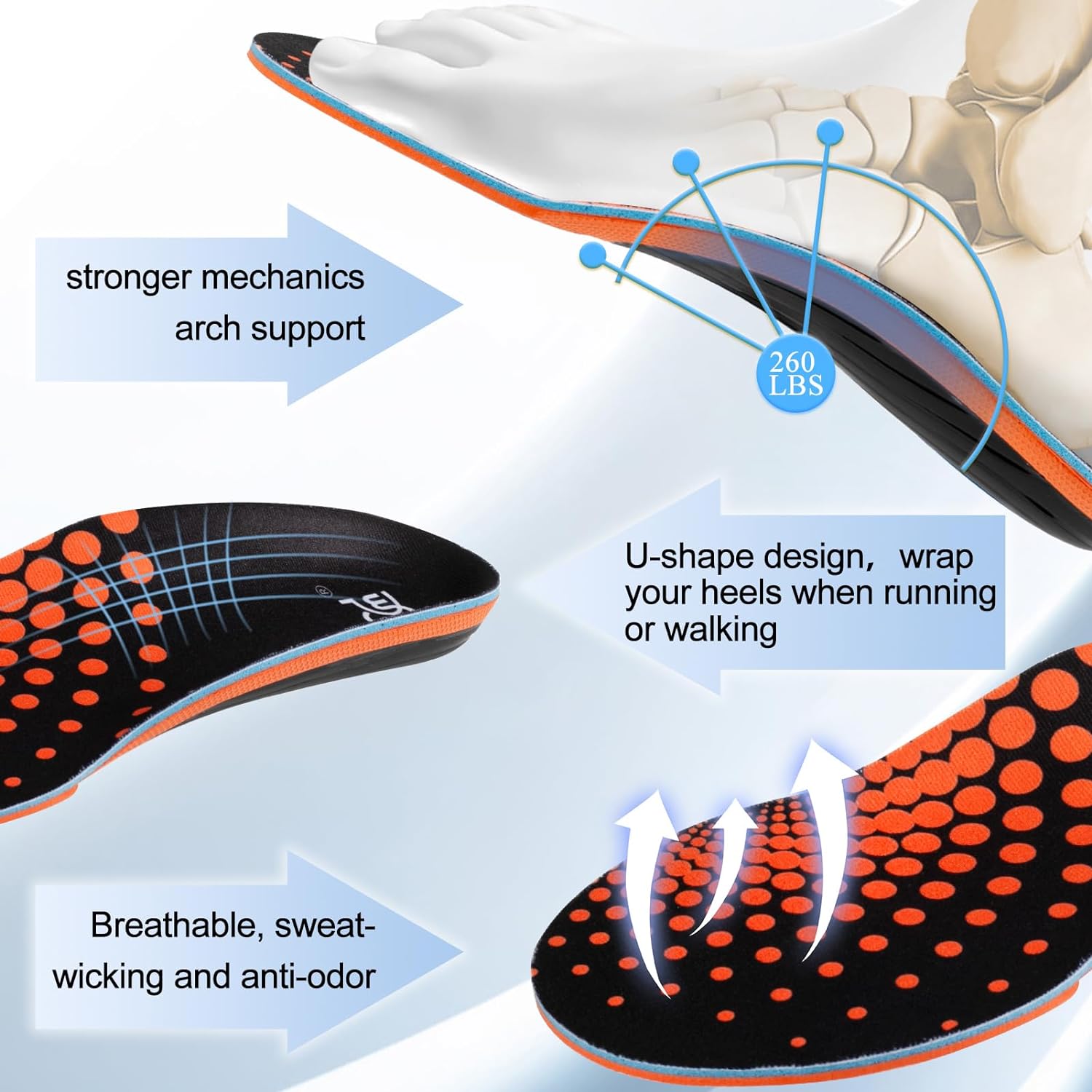 【2 Pairs】Plantar Fasciitis Insoles for High Arch Orthotic Inserts, 240+lbs Heavy Duty Support, Blue Orange