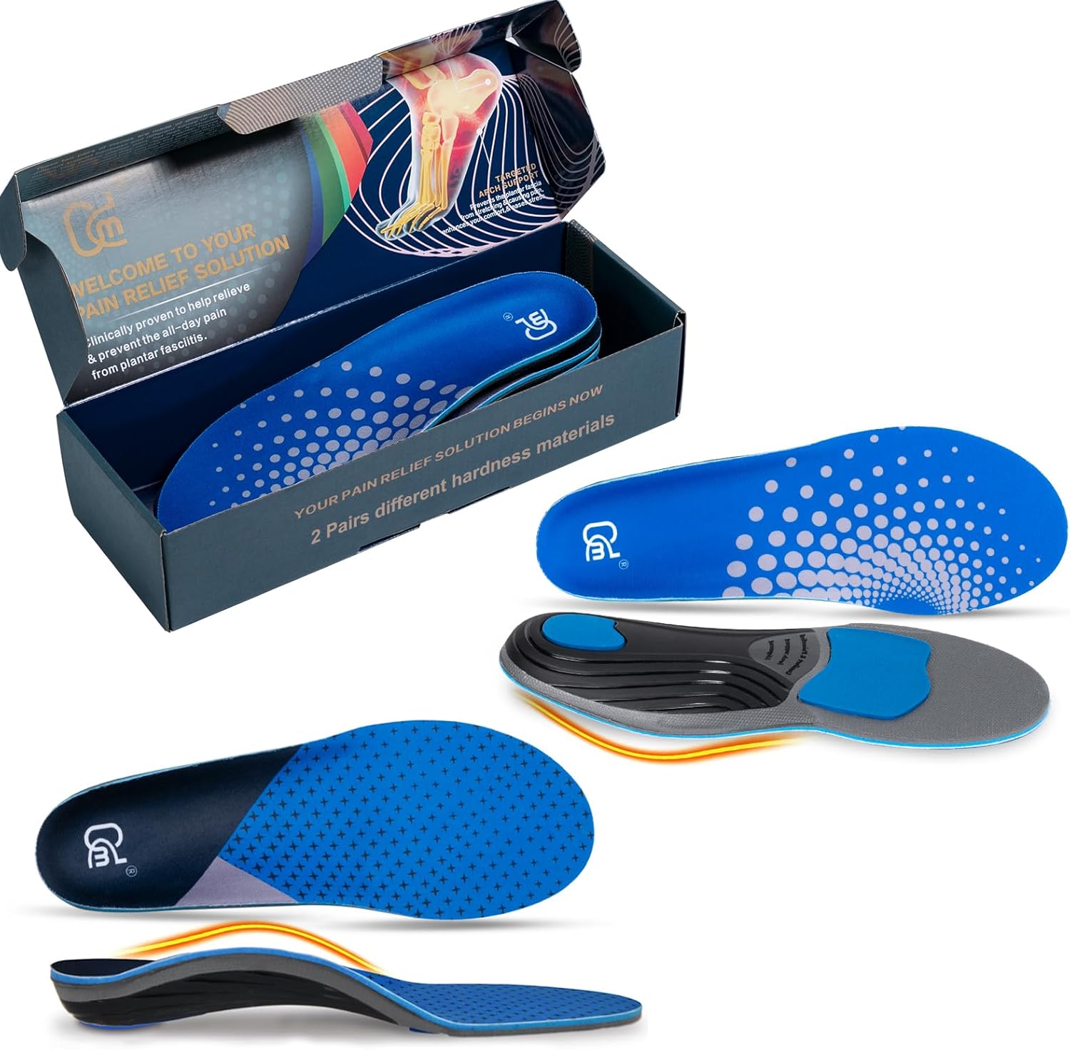 【2 Pairs】Plantar Fasciitis Insoles for High Arch Orthotic Inserts, 240+lbs Heavy Duty Support, Blue