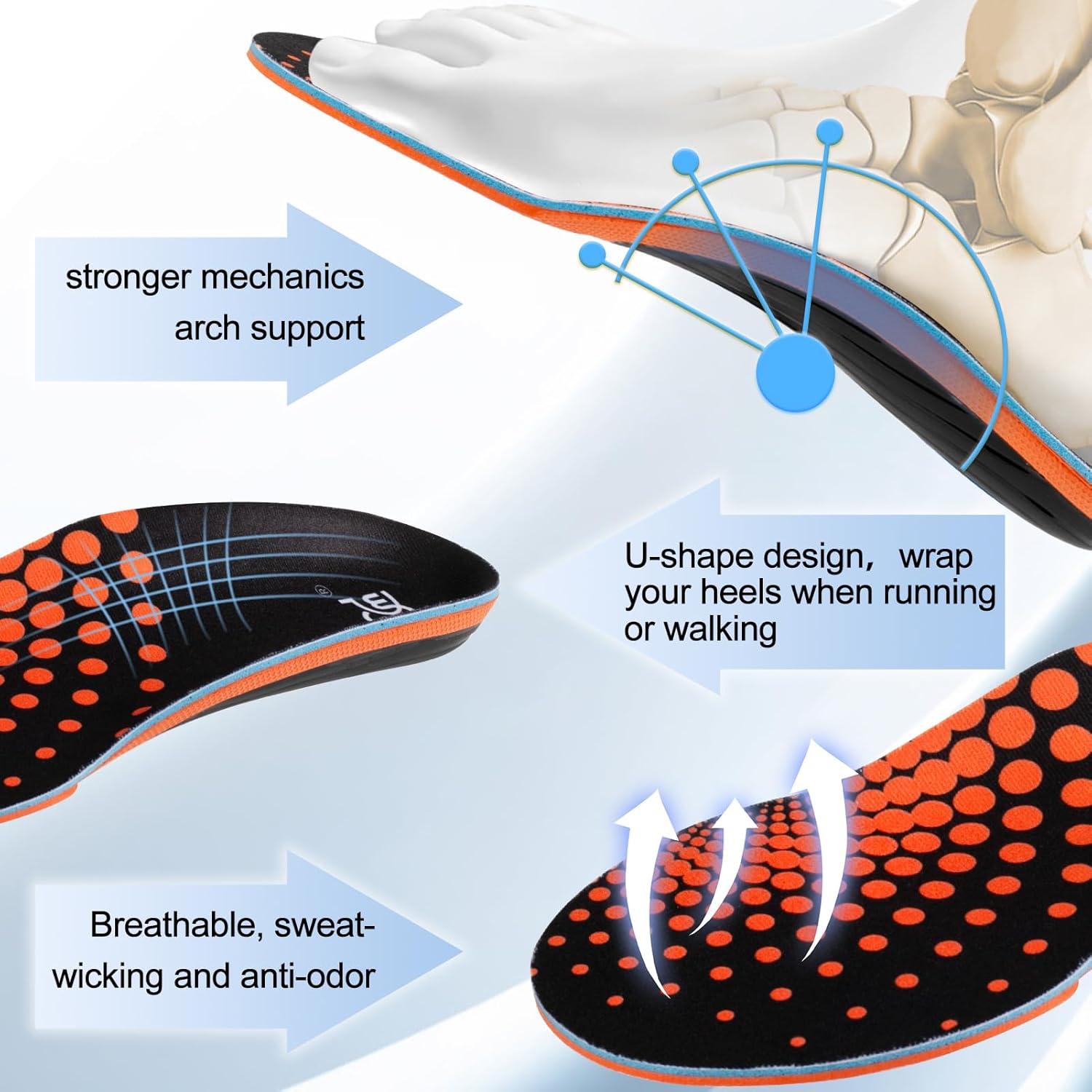 【1 Pairs Orange-Standard】Plantar Fasciitis Insoles, High Arch Support Insoles from 120 to 240 lbs, Heavy Duty Orthotic Shoe Inserts Suitable for Sport Use