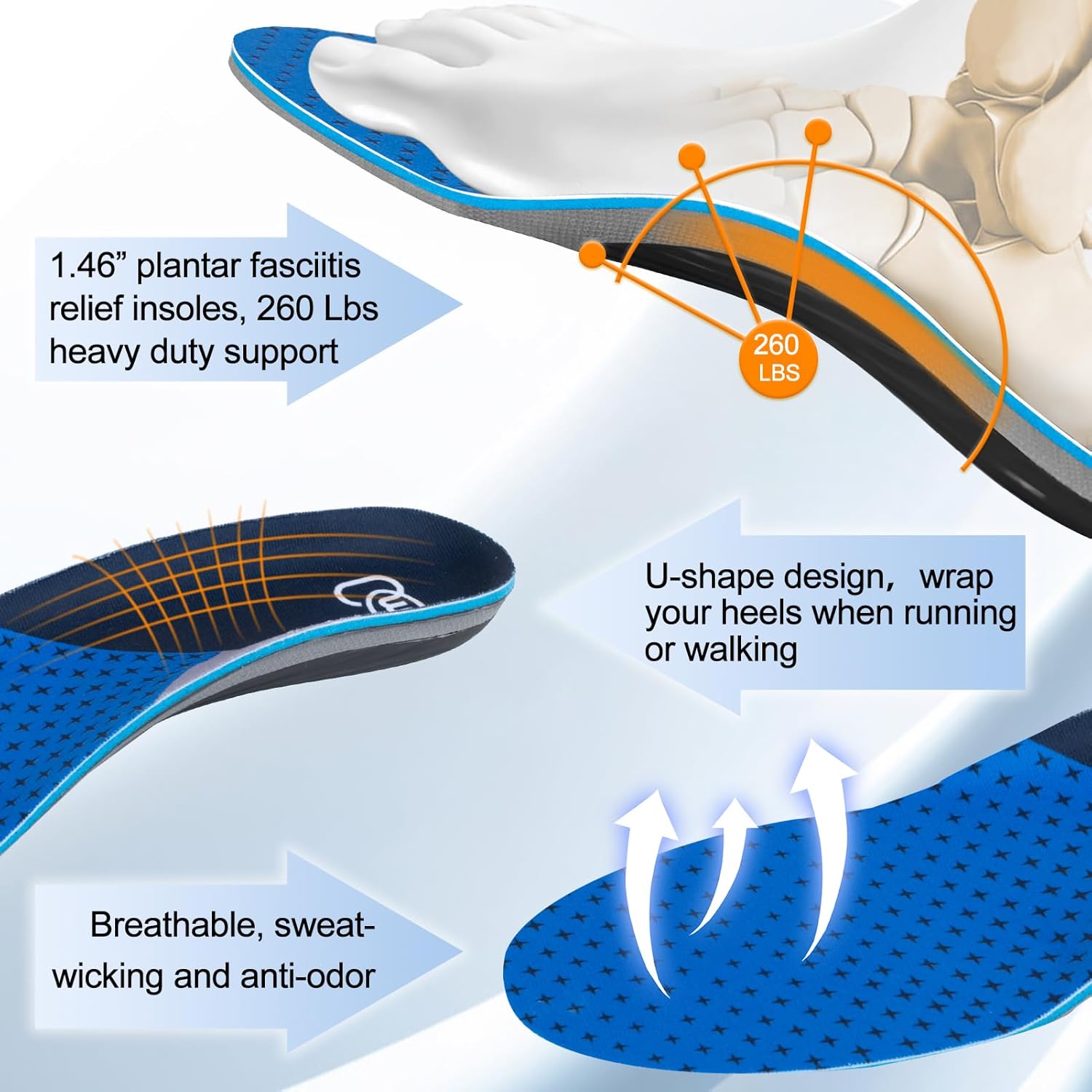 【1 Pairs Blue-Enhanced】Plantar Fasciitis Insoles, High Arch Support Insoles from 240 to 300 lbs, Heavy Duty Orthotic Shoe Inserts Suitable For All Day Standing & Daily Use