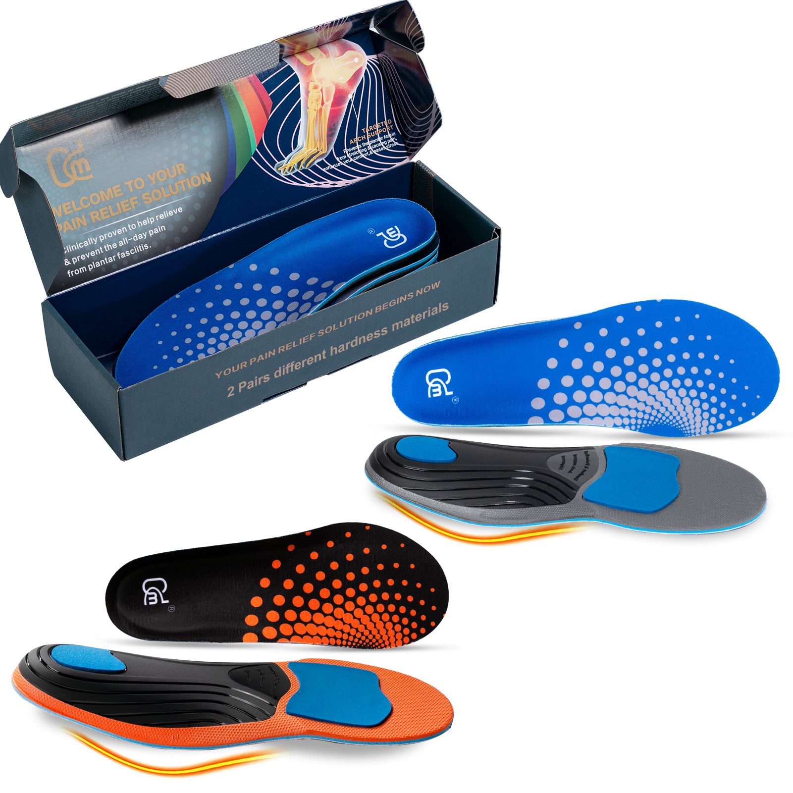 【2 Pairs】Plantar Fasciitis Insoles for High Arch Orthotic Inserts, 240+lbs Heavy Duty Support, Blue Orange